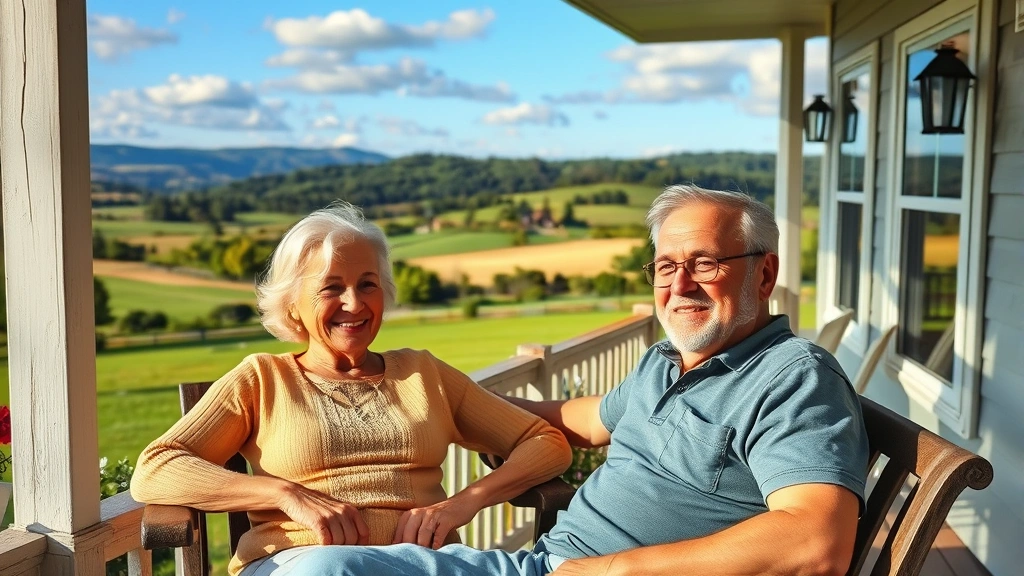 A retired couple enjoying their golden years in a beautiful countryside estate with scenic views, relaxing on a porch with satisfied expressions, peaceful and accomplished ambiance