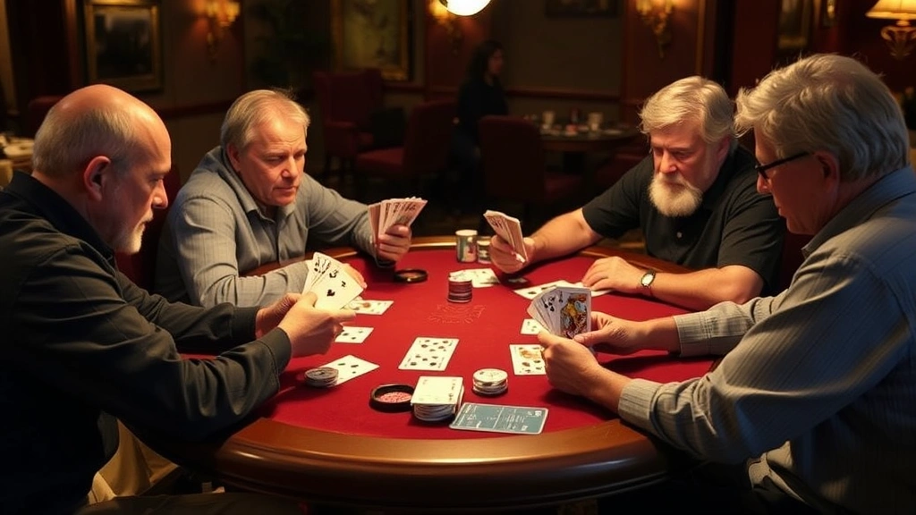 Four players seated around a gaming table during an intense spades match, focused expressions, cards fanned in hands, chips and score sheets visible, warm ambient lighting