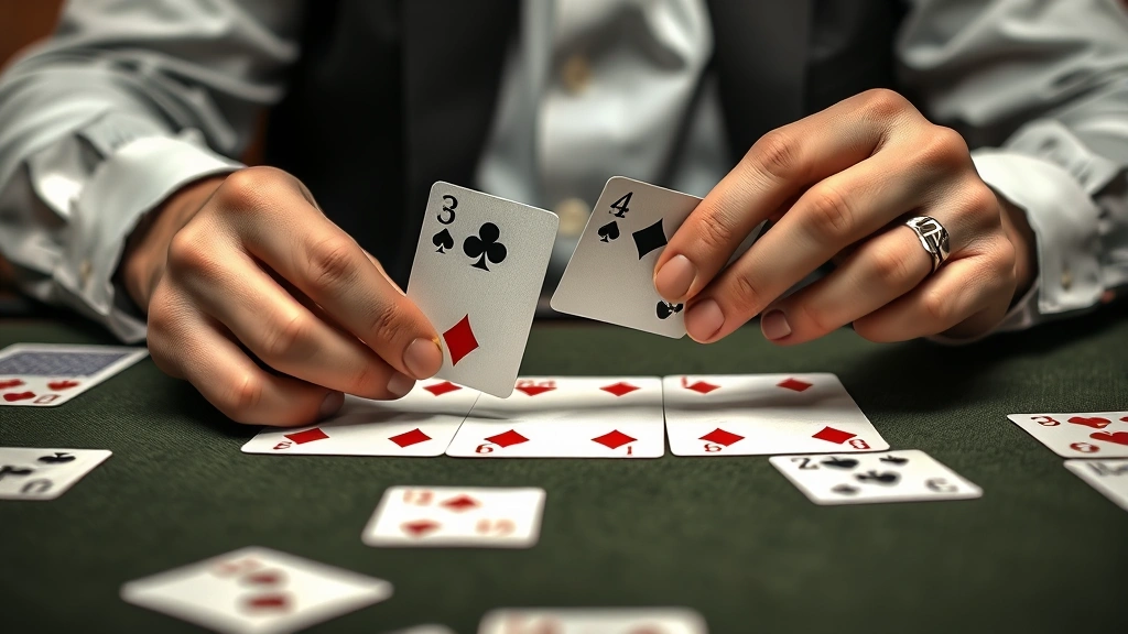 Professional card player's hands mid-trick with cards being played on a table, showing card rankings and suit symbols, shallow depth of field emphasizing card details