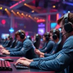 Professional gamers intensely focused on competitive card game match at modern esports arena with dramatic lighting, players wearing headsets at sleek gaming desks