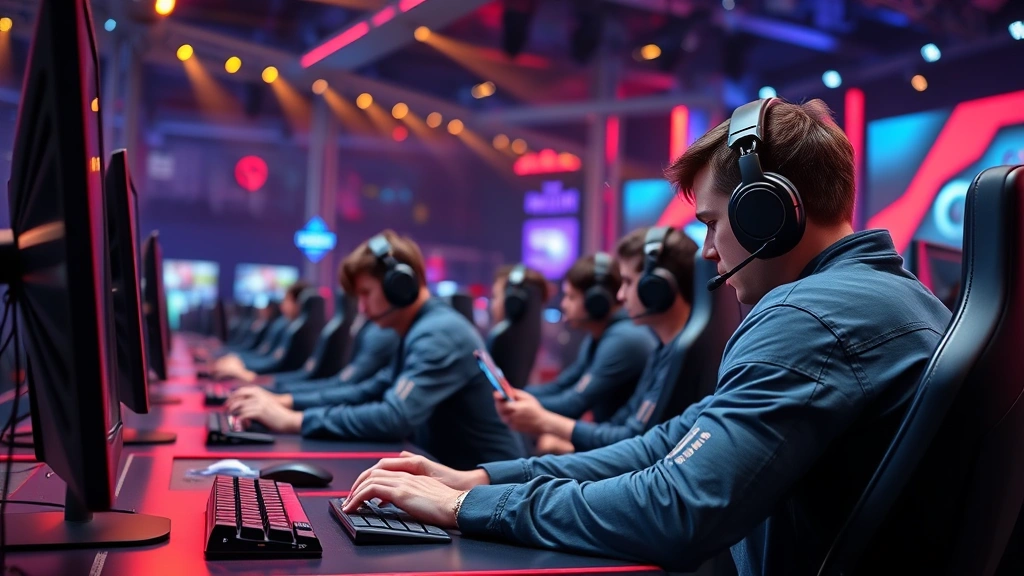 Professional gamers intensely focused on competitive card game match at modern esports arena with dramatic lighting, players wearing headsets at sleek gaming desks