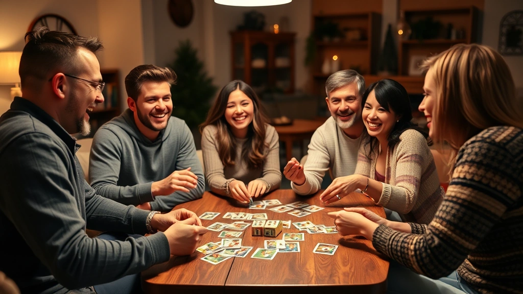 Diverse group of friends laughing and enjoying casual card game night together in cozy living room with warm lighting, playing cards on wooden table