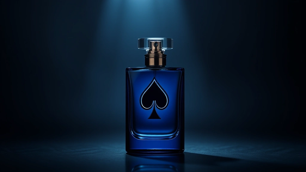 Professional fragrance bottle with elegant spade symbol design, deep midnight blue coloring, luxury glass material, dramatic studio lighting, gaming aesthetic meets high-end perfume presentation