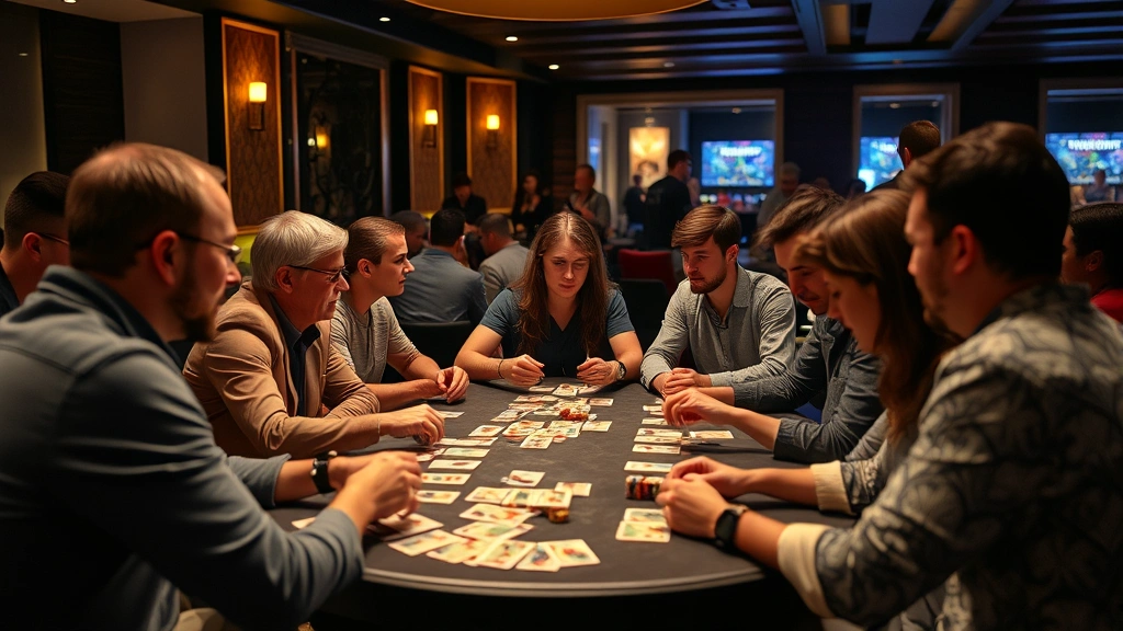 Gaming lounge environment showing diverse players enjoying card games together, sophisticated atmosphere with ambient lighting, strategic gameplay moment captured, inclusive gaming community setting