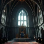 Medieval castle throne room with intricate stone architecture, golden decorative elements, and dramatic lighting from high windows, photorealistic fantasy setting