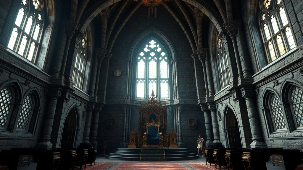 Medieval castle throne room with intricate stone architecture, golden decorative elements, and dramatic lighting from high windows, photorealistic fantasy setting