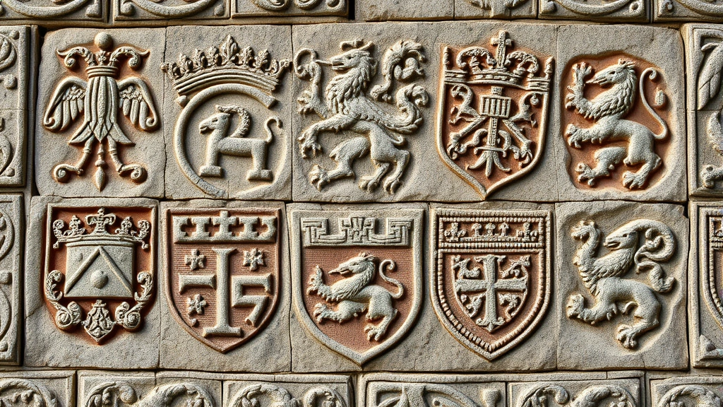 Ancient family crest symbols carved in stone, displaying multiple heraldic emblems representing different noble houses, detailed stonework with weathered textures