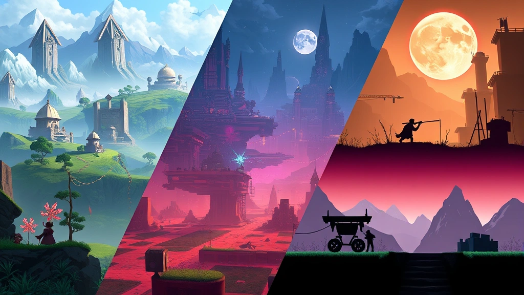 Multiple video game environments displayed simultaneously - fantasy landscape, sci-fi cityscape, and minimalist indie game aesthetic blended together, showcasing gaming diversity and artistic styles