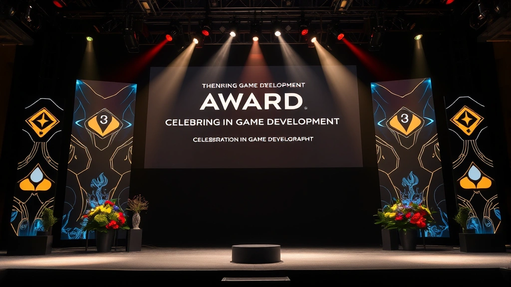Award ceremony stage with spotlight and gaming-themed decorative elements, celebrating excellence in game development, professional event photography style, sophisticated venue setting