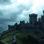 Medieval fantasy castle ruins overlooking a stormy landscape with dramatic lighting, no UI elements, photorealistic environment art