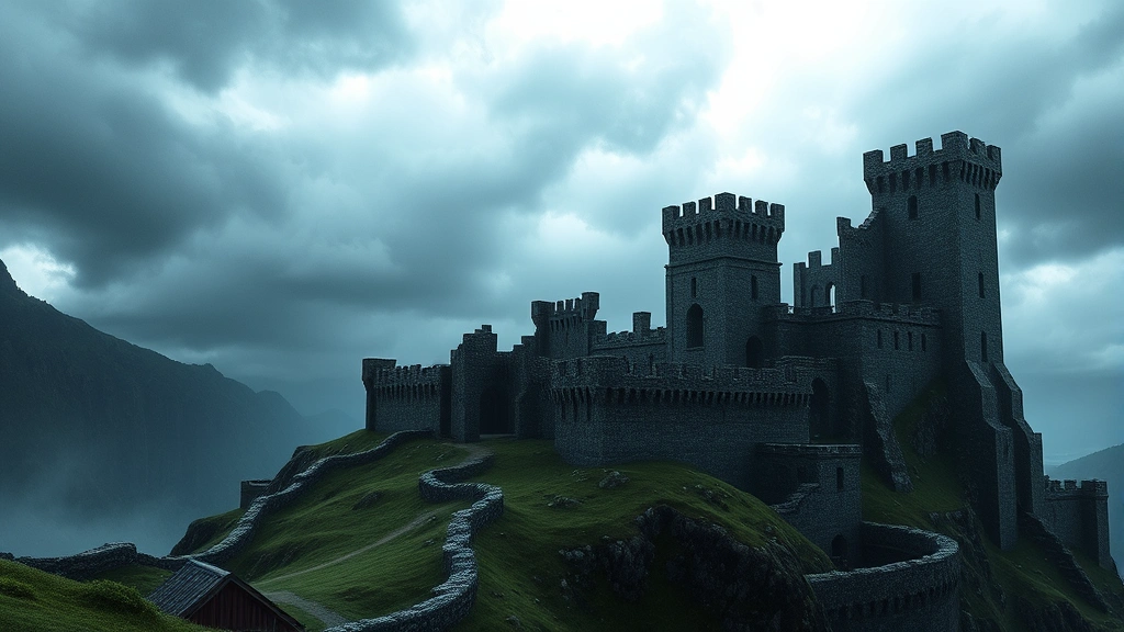 Medieval fantasy castle ruins overlooking a stormy landscape with dramatic lighting, no UI elements, photorealistic environment art