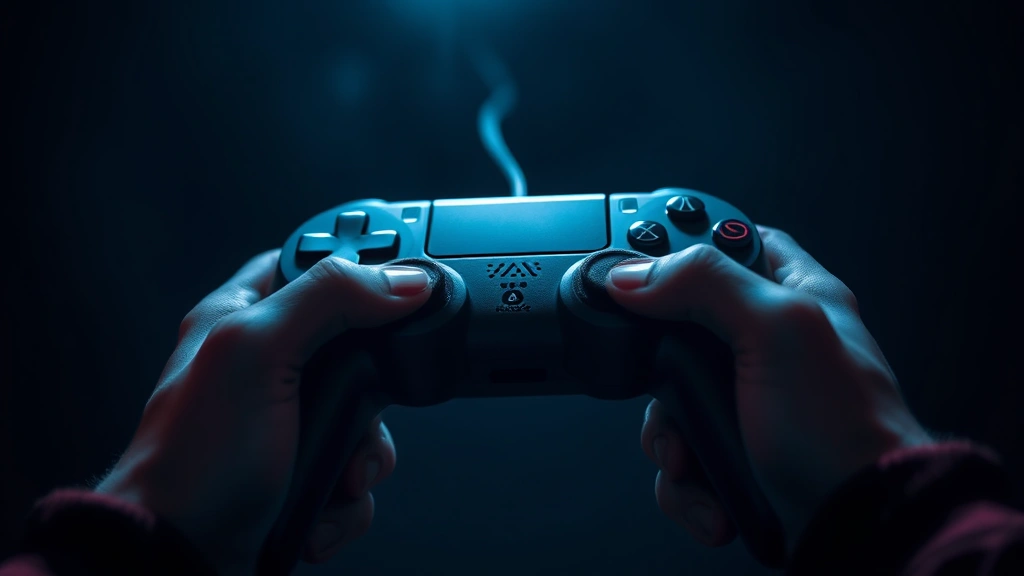 Close-up of a gaming controller held by hands in dramatic lighting against a dark background, emphasizing immersion and gameplay