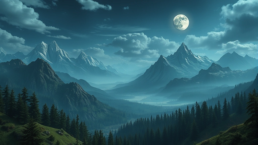 Expansive fantasy realm with mountains and forests under moonlight, depicting an open world gaming environment, photorealistic, no text overlays