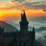 Medieval castle overlooking misty mountains at sunset, photorealistic fantasy landscape with dragon silhouette in distant sky, Westeros-inspired architecture with stone towers and banners