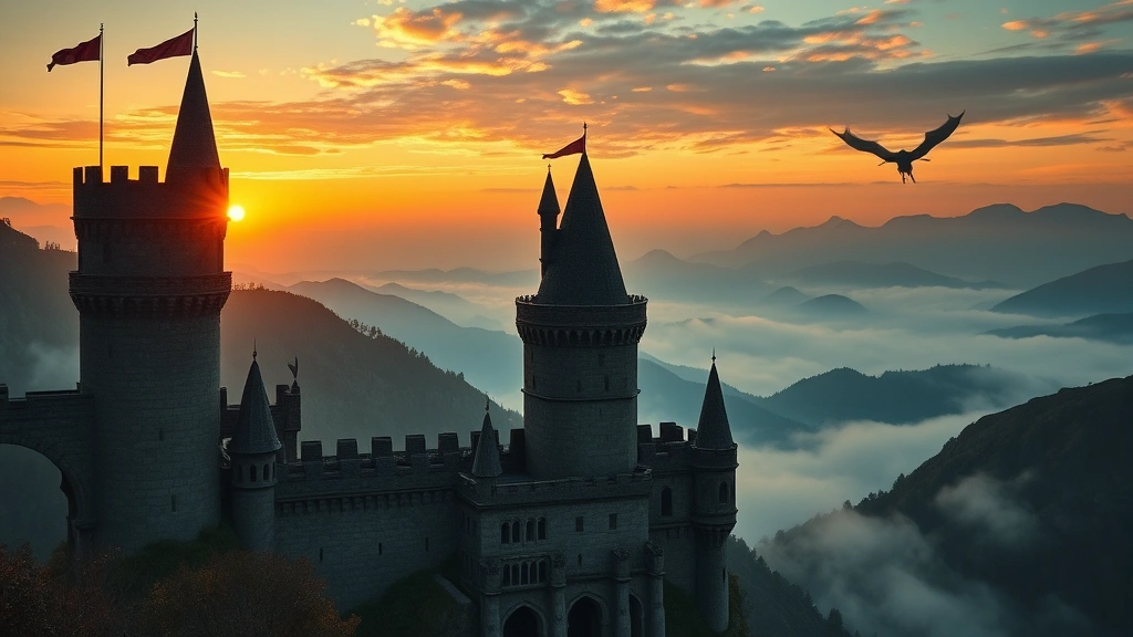 Medieval castle overlooking misty mountains at sunset, photorealistic fantasy landscape with dragon silhouette in distant sky, Westeros-inspired architecture with stone towers and banners