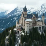 Sweeping aerial view of a medieval fantasy castle fortress perched on mountainside surrounded by snow-capped peaks and dense evergreen forests under overcast sky
