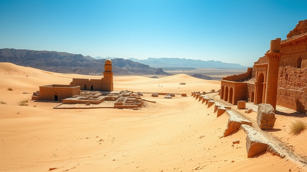 Vast desert landscape with ancient stone ruins, weathered monuments, and sandy dunes extending toward distant mountains under bright sunlight with clear blue sky