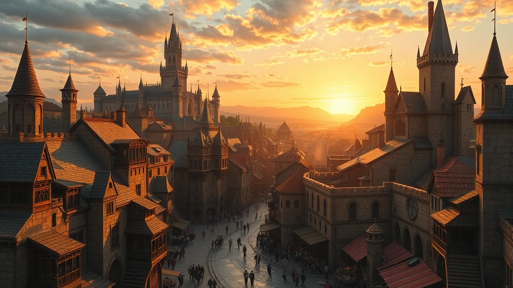 Bustling medieval fantasy city with towering stone structures, winding cobblestone streets, marketplace crowds, and castle spires dominating skyline during golden hour sunset