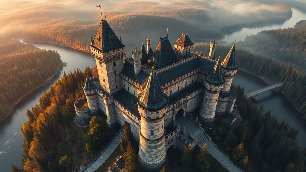 Detailed overhead view of medieval fantasy castle fortress with multiple towers, outer walls, and courtyard surrounded by forests and rivers, dramatic lighting at golden hour