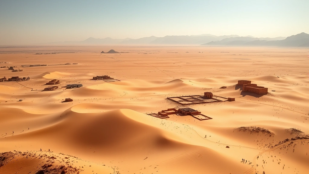 Vast panoramic desert landscape with sand dunes, distant mountains, and ancient ruins scattered across golden sandy terrain under bright sunlight, clear skies
