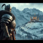 Medieval warrior in heavy armor standing in snowy mountain landscape with distant castle fortress, photorealistic lighting, dramatic atmospheric conditions, winter setting