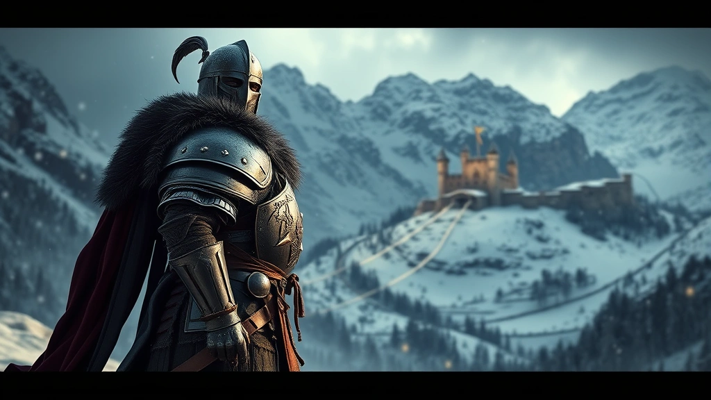 Medieval warrior in heavy armor standing in snowy mountain landscape with distant castle fortress, photorealistic lighting, dramatic atmospheric conditions, winter setting