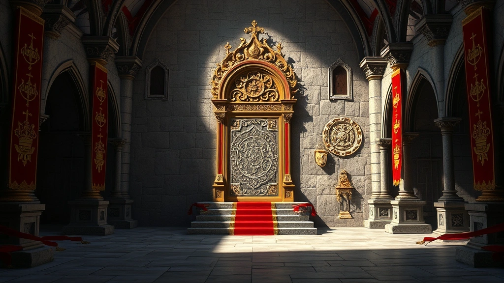 Ornate stone throne room with red and gold decorative elements, medieval architecture, dramatic shadow lighting, empty chamber no characters or UI