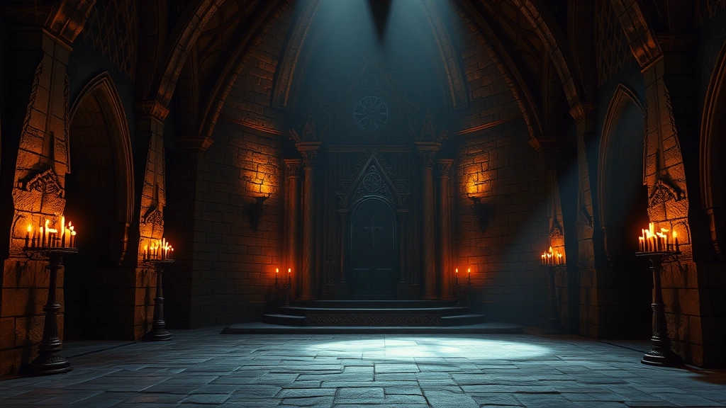 Medieval castle throne room with dramatic lighting, ornate stone architecture and flickering torches, no people visible, photorealistic fantasy setting