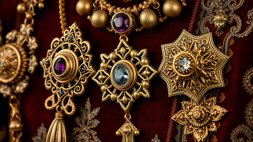 Close-up of intricate medieval jewelry and fabric textures, golden ornaments and rich velvet materials, detailed craftsmanship, no human figures