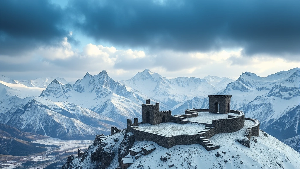 Sweeping landscape of snow-covered mountains and ancient fortress ruins, dramatic cloudy sky, cinematic fantasy scenery, photorealistic environment