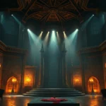 Medieval fantasy throne room with dramatic lighting, ornate architecture, stone walls, no characters visible, cinematic atmosphere, photorealistic