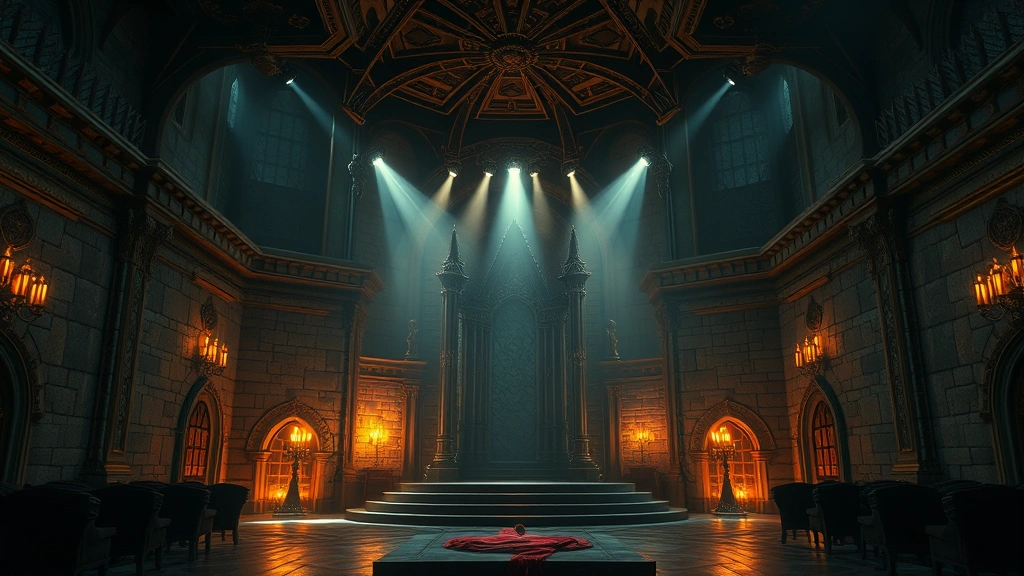 Medieval fantasy throne room with dramatic lighting, ornate architecture, stone walls, no characters visible, cinematic atmosphere, photorealistic