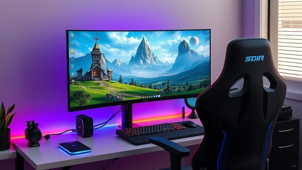 Modern gaming setup with high-end PC monitor displaying fantasy landscape, RGB lighting, professional gaming chair, desk accessories, no game UI visible