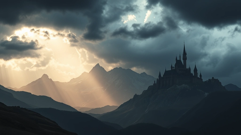 Dramatic fantasy landscape with mountains, castle silhouettes, stormy sky, cinematic lighting, wide vista, no human figures, photorealistic