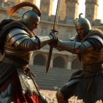 Medieval warrior in full combat stance during intense one-on-one duel, dynamic action pose, realistic armor and weapons, dramatic lighting with warm golden tones, outdoor tournament setting with stone amphitheater background, photorealistic fantasy combat scene