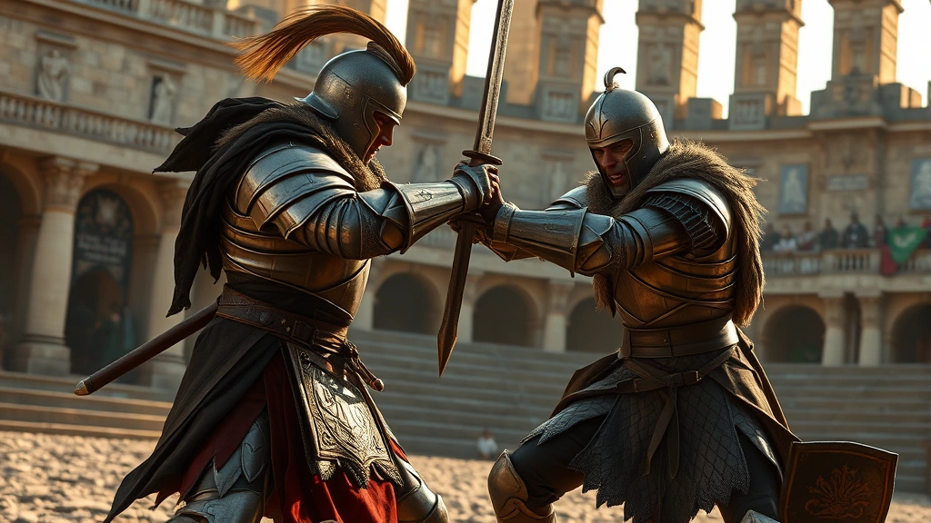 Medieval warrior in full combat stance during intense one-on-one duel, dynamic action pose, realistic armor and weapons, dramatic lighting with warm golden tones, outdoor tournament setting with stone amphitheater background, photorealistic fantasy combat scene