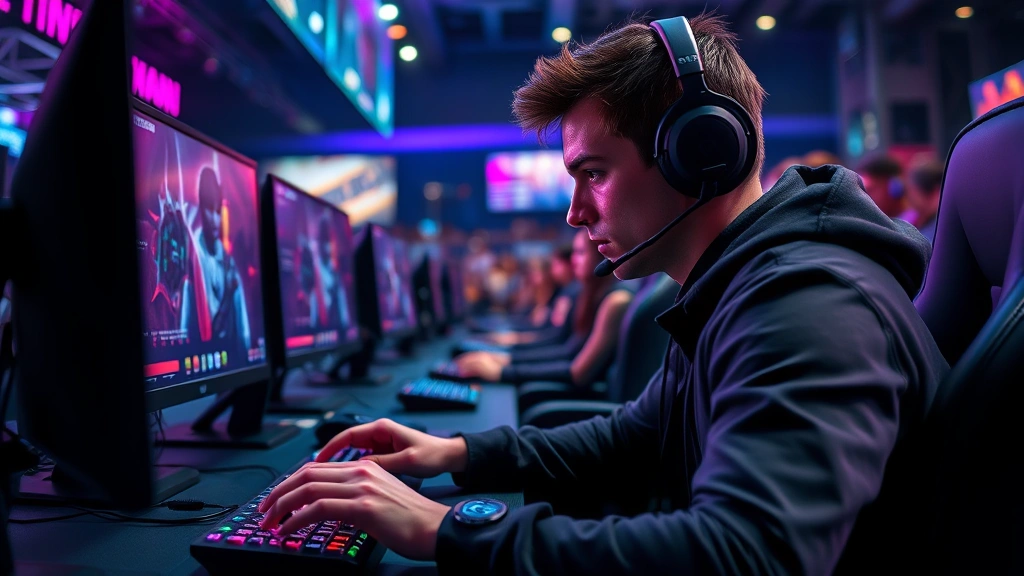 Professional esports player at gaming tournament, intense focused expression, hands on keyboard and mouse mid-competition, RGB lighting setup, multiple monitors displaying competitive gameplay, crowd visible in background, championship atmosphere, photorealistic modern gaming venue