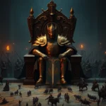 A stern medieval lord in golden armor seated on a throne of dark stone, overlooking a vast war map with miniature armies, dimly lit by candlelight, photorealistic, cinematic lighting
