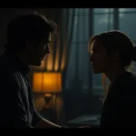Cinematic scene of two characters in intimate conversation within a dimly lit room, natural lighting, emotional connection, photorealistic rendering, no UI elements