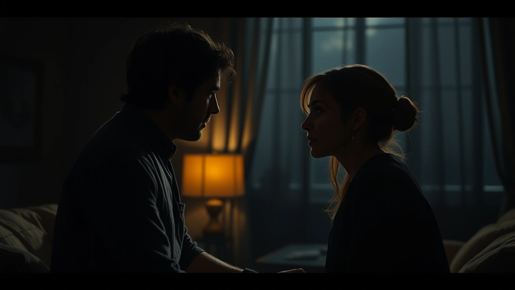 Cinematic scene of two characters in intimate conversation within a dimly lit room, natural lighting, emotional connection, photorealistic rendering, no UI elements