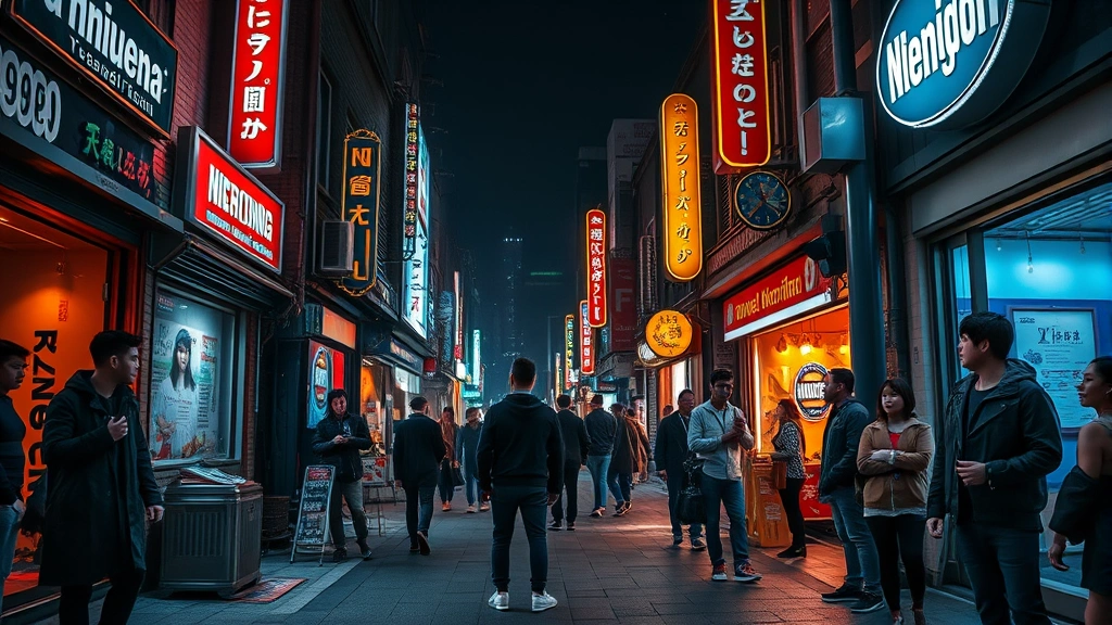 Urban nightlife scene with neon-lit streets and diverse characters in stylish clothing, atmospheric lighting, moody ambiance, photorealistic, no text overlays