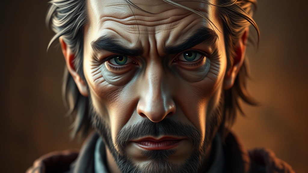 Character portrait of a complex individual with expressive features showing contemplation and determination, warm studio lighting, intricate facial details, photorealistic style, no dialogue boxes