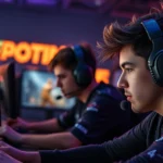 Professional esports players competing in a dimly lit gaming cafe, wearing headsets, focused on monitors displaying Counter-Strike 2 gameplay, intense concentration visible on faces