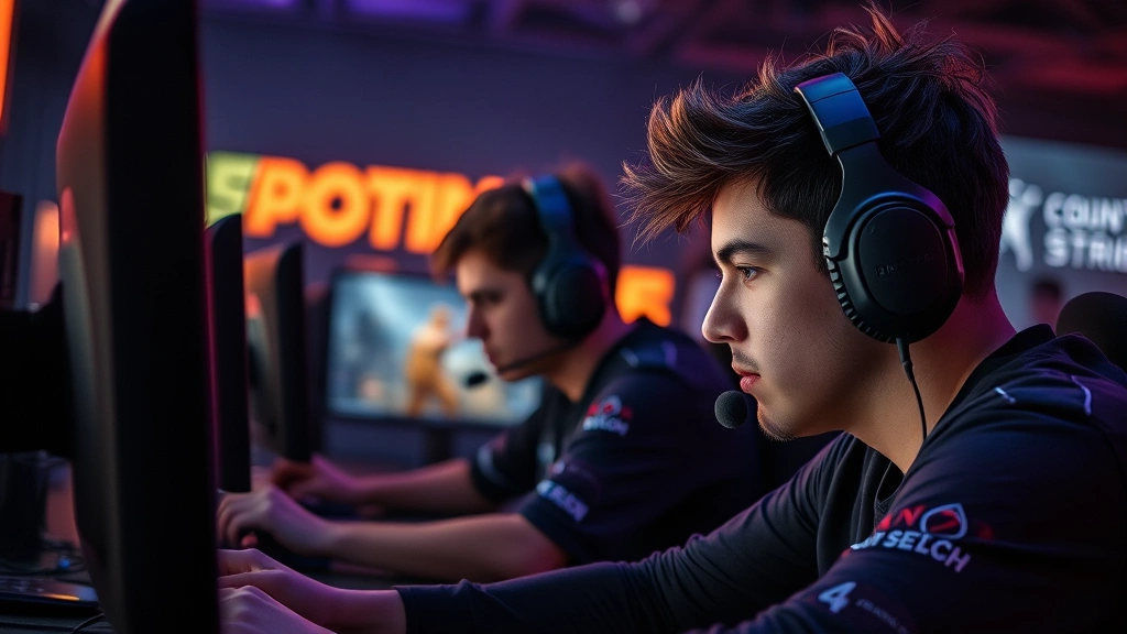 Professional esports players competing in a dimly lit gaming cafe, wearing headsets, focused on monitors displaying Counter-Strike 2 gameplay, intense concentration visible on faces