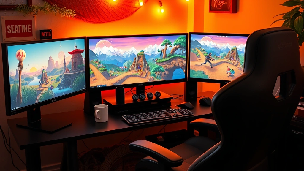 A cozy gaming setup with multiple monitors displaying colorful indie game graphics, warm lighting, comfortable gaming chair, coffee mug nearby, peaceful gaming environment