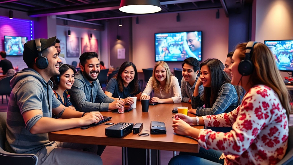 Group of diverse gamers gathered around a table in a modern gaming lounge, laughing together while playing cooperative video games on a large shared screen, casual social atmosphere