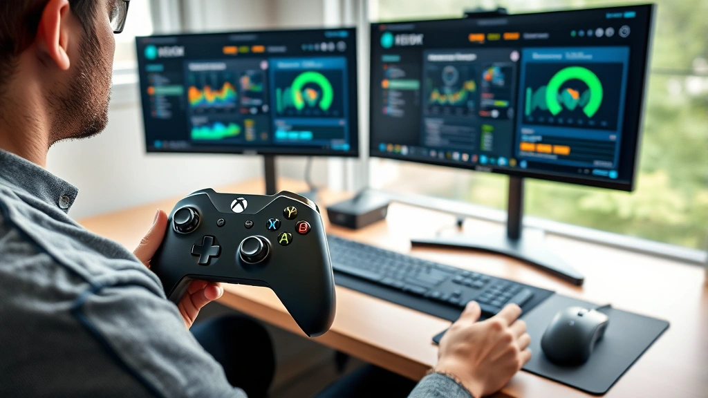 A gamer holding an Xbox Series X controller in one hand and a gaming mouse in the other, sitting at a desk with dual monitors showing gaming dashboards, natural lighting from window, photorealistic style, no UI elements visible