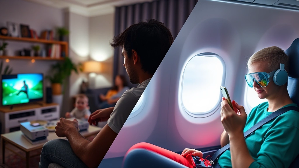 Split-screen composition: left side shows someone playing on Xbox console in living room with family, right side shows someone playing on smartphone during travel on airplane, both enjoying gaming in different environments, vibrant colors