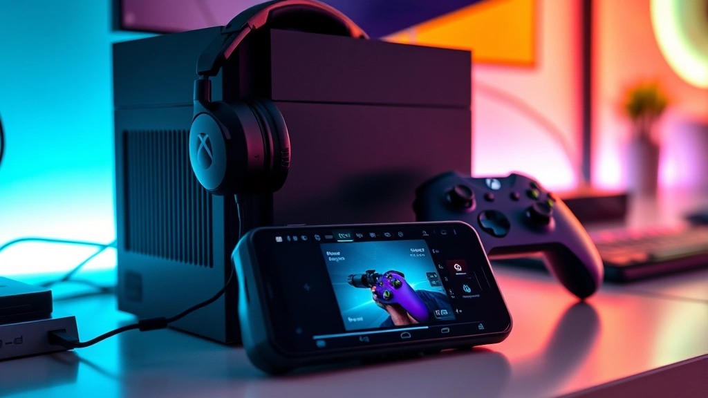 Close-up of a modern gaming setup featuring Xbox Series S console, gaming headset, controller, and smartphone displaying cloud gaming interface, all arranged on desk with ambient RGB lighting, no text or menus visible
