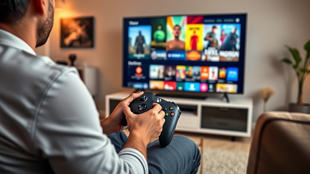 A gamer holding an Xbox controller sitting on a couch with a TV displaying colorful game library tiles and subscription interface, warm living room lighting, photorealistic, no UI text visible